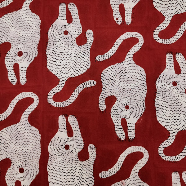 Pre Cut ( 1 Meter )Pure Cotton Jaipuri Red And White Tiger Hand Block Print Fabric