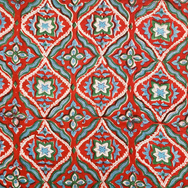 ( Pre-Cut 1.75 Meter ) Pure Cotton Jaipuri Red With Blue Jaal Hand Block Print Fabric