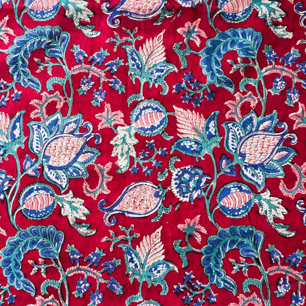 Pure Cotton Jaipuri Red With Blue Wild Flower Jaal Hand Block Print Fabric