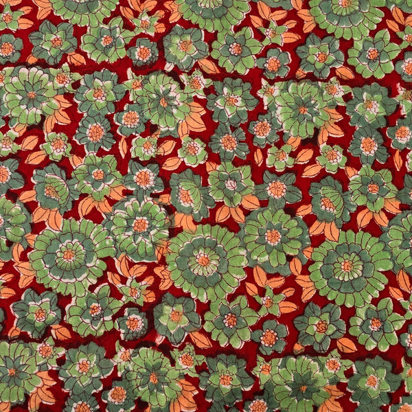 (PRE CUT 0.83METER )Pure Cotton Jaipuri Red With Green Flower All Over Hand Block Print Fabric