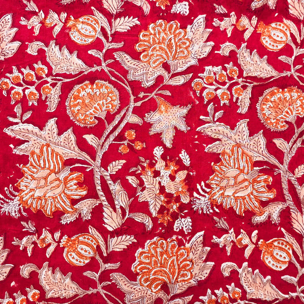 Pure Cotton Jaipuri Red With Orange Jungle Wild Flower Jaal Hand Block Print Fabric