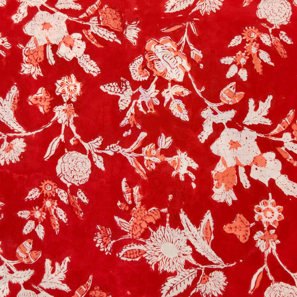 ( Pre-Cut 1.75 Meter) Pure Cotton Jaipuri Red With Peach And White Jaal Hand Block Print Fabric