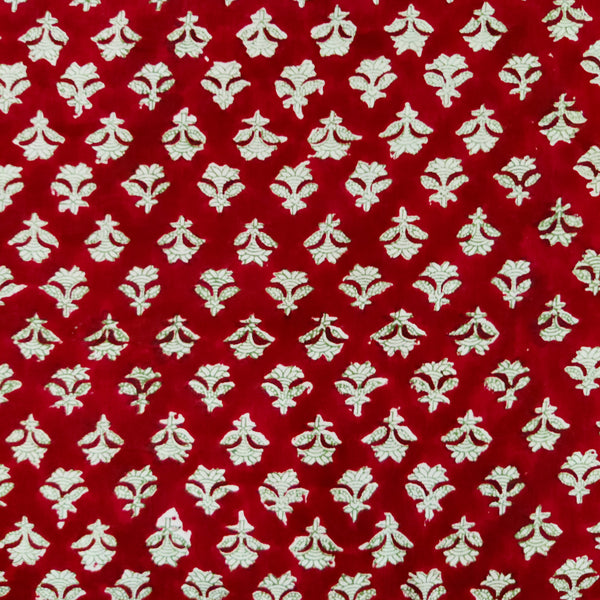 Pre-cut 2.25 meter Pure Cotton Jaipuri Red With White Flower Bud Motif Hand Block Print Fabric