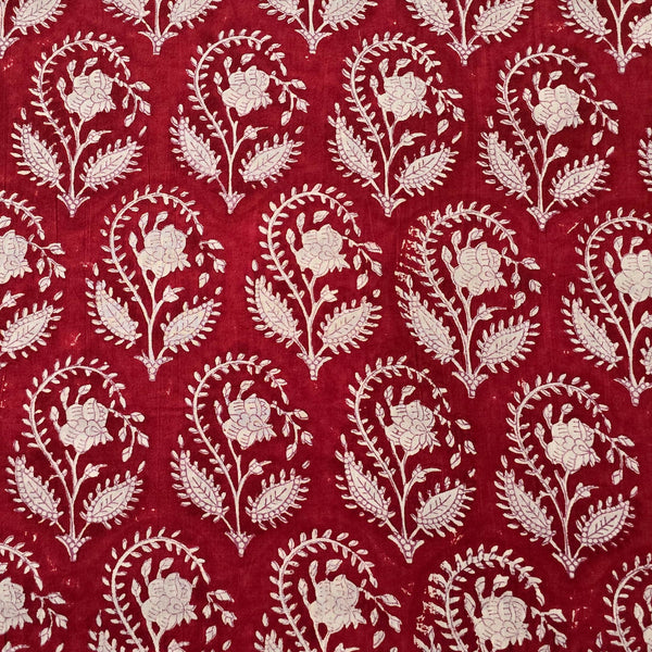 Pre Cut (0.85 Meter) Pure Cotton Jaipuri Red With White Flower Motif Hand Block Print Fabric