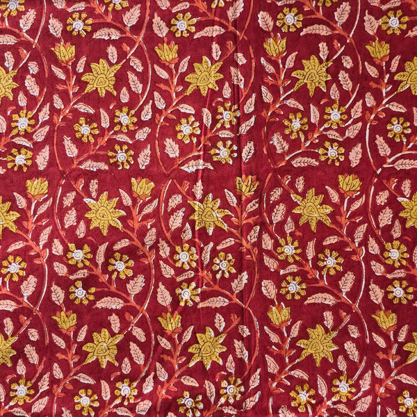 ( Pre-Cut 1.60 Meter ) Pure Cotton Jaipuri Red With Yellow Flower Jaal Hand Block Print Fabric