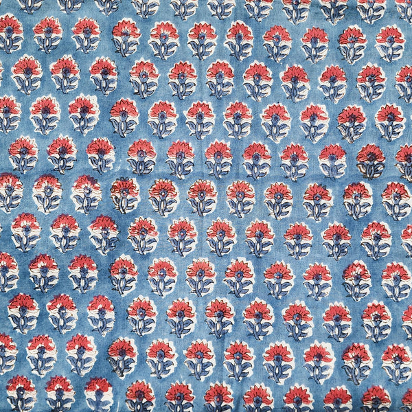 Pure Cotton Jaipuri Rust Blue With Red Flower Motifs Hand Block Print Fabric