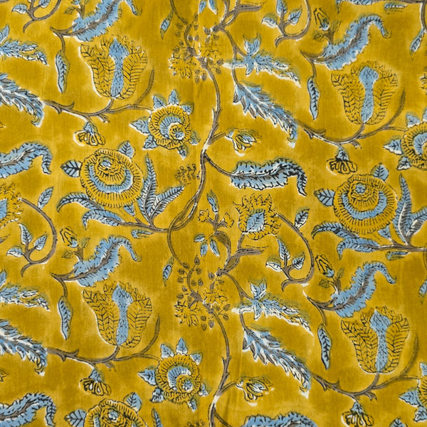 Pure Cotton Mul Jaipuri Sandy Brown With Blue Flower Jaal Hand Block Print Fabric