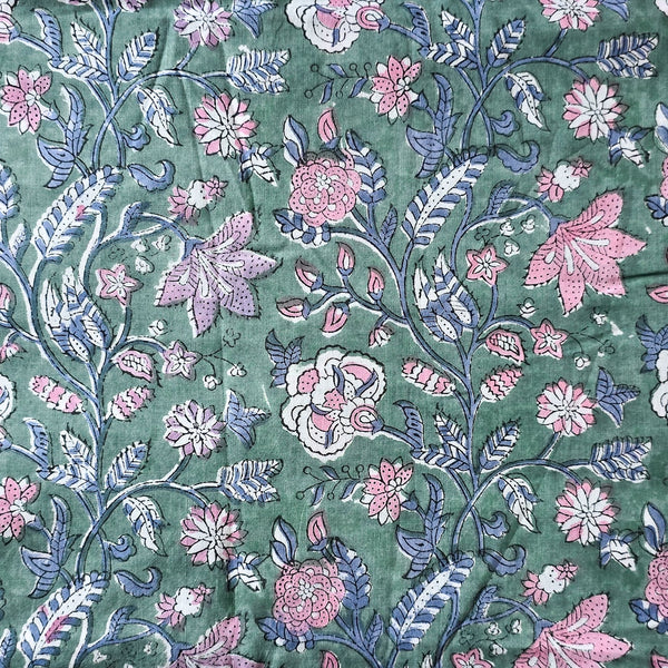 Pure Cotton Jaipuri Sea Green With Pink And White Jungle Flower Jaal Hand Block Print Fabric