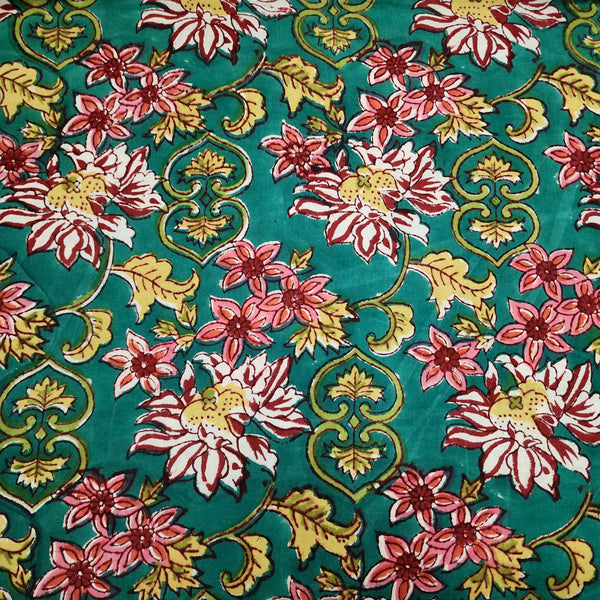 ( Pre-Cut 2.15 Meter ) Pure Cotton Jaipuri Dark Green With White And Maroon Cosmos Flowers Hand Block Print Fabric