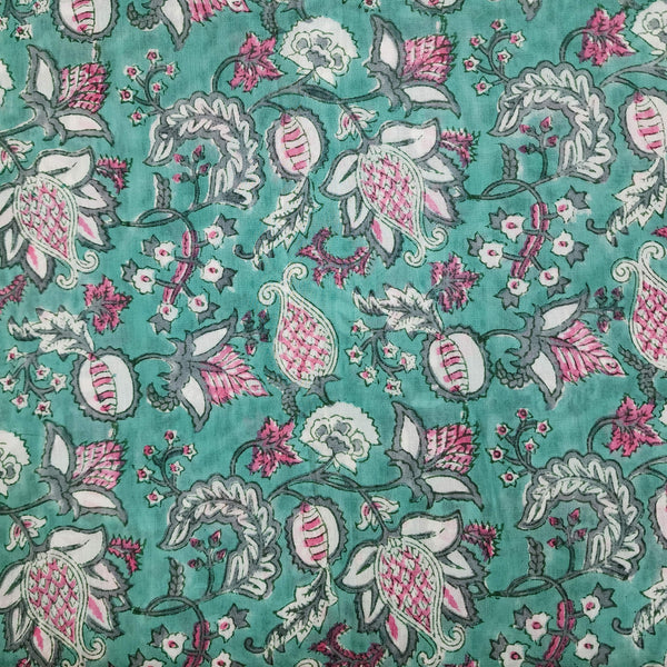 ( Pre-Cut 2.35 Meter ) Pure Cotton Jaipuri Teal With Grey Pink Wild Wild Jaal Hand Block Print Fabric