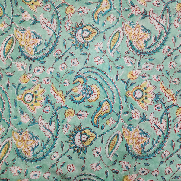 ( Pre-Cut 2.30 Meter) Pure Cotton Jaipuri Turquoise Blue With Yellow Wild Flower Jaal Hand Block Print