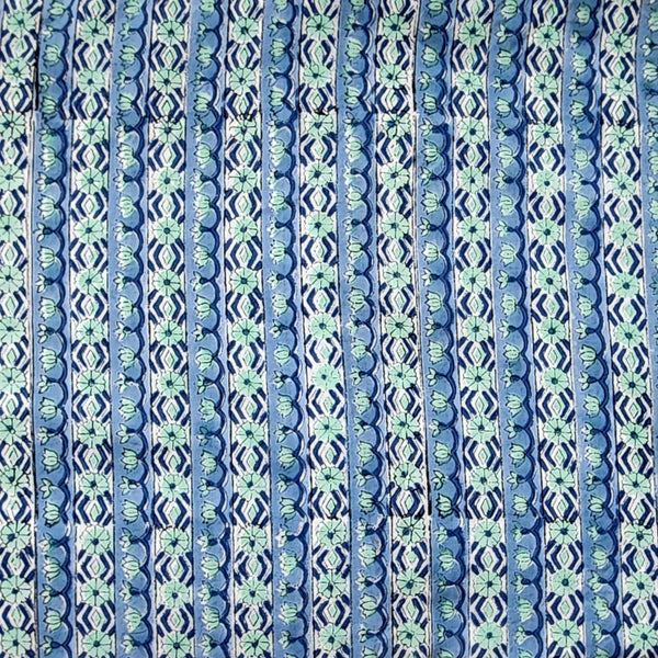 Pure Cotton Jaipuri White And Blue And Teal Intricate Border Design Flower Motif Hand Block Print Fabric