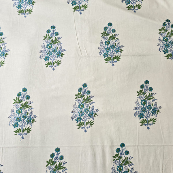 Pure Cotton Jaipuri White And Blue Big Plant Flower Motif Hand Block Print Fabric