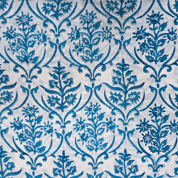 ( Pre-Cut 1 Meter )Pure Cotton Jaipuri White And Blue Intricate Flower Design Hand Block Print Fabric