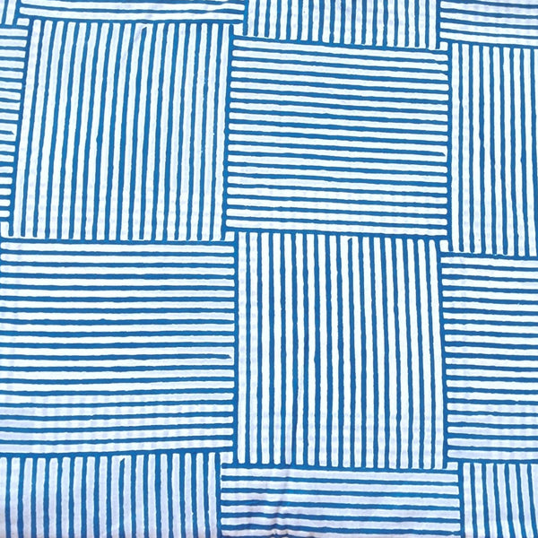 Pure Cotton Jaipuri White And Blue Square Stripes Hand Block Print Fabric