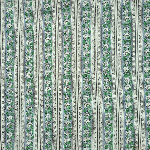 Pure Cotton Jaipuri White And Green Border  Hand Block Print Fabric