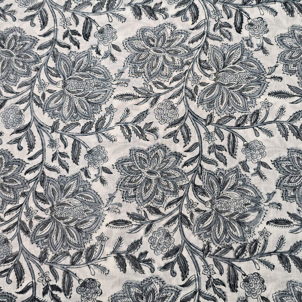 ( Pre-Cut 1.40 Meter ) Pure Cotton Jaipuri White And Grey Flower Jaal Hand Block Print Fabric