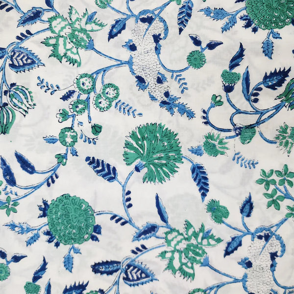 ( PRE-CUT 1.35 METER ) Pure Cotton Jaipuri White And Light Blue And Dark Blue Fruit Flower Jaal Hand Block Print Fabric