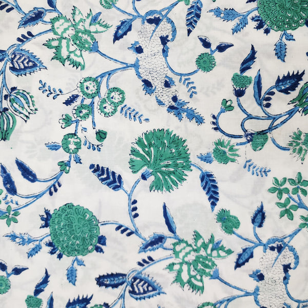 ( Pre-Cut 1.80 Meter ) Pure Cotton Jaipuri White And Light Blue And Dark Blue Fruit Flower Jaal Hand Block Print Fabric