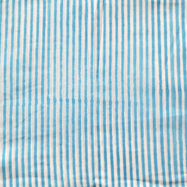 (Pre-Cut 1.55 Meter) Pure Cotton Jaipuri White And Light Blue Stripes Hand Block Print Fabric