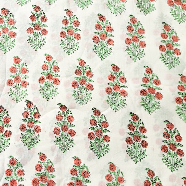 Pure Cotton Jaipuri White And Light Orange Flower Plant Motif Hand Block Print Fabric