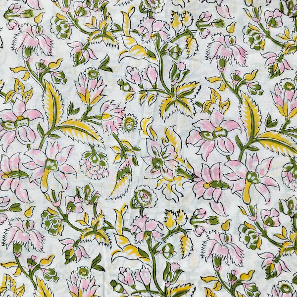 Pure Cotton Jaipuri White And Pink And Yellow Flower Jaal Hand Block Print Fabric