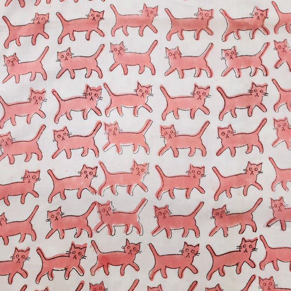 ( Pre-Cut 1.85 Meter ) Pure Cotton Jaipuri White And Pink Cats All Over Hand Block Print Fabric