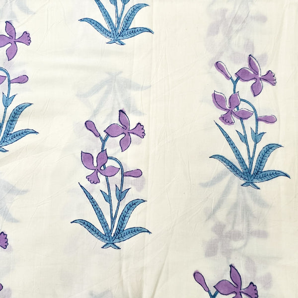 Pure Cotton Jaipuri White And Purple Flower Big Motif Hand Block Print Fabric