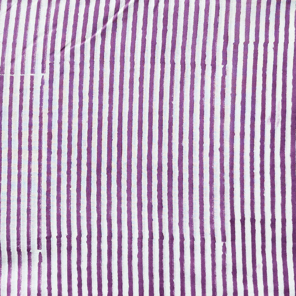 ( PRE-CUT 1.25 METER ) Pure Cotton Jaipuri White With Purple Stripes Hand Block Print Fabric