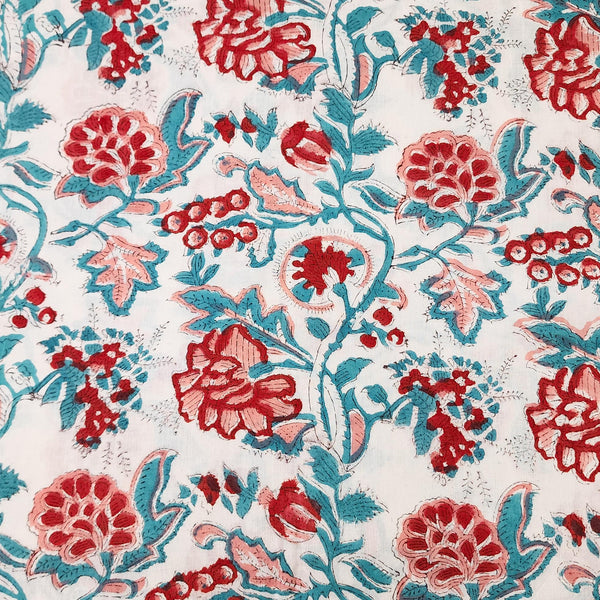 Per Cut (1.65 Meter) Pure Cotton Jaipuri White And Red And Blue Flower Jaal Hand Block Print Fabric