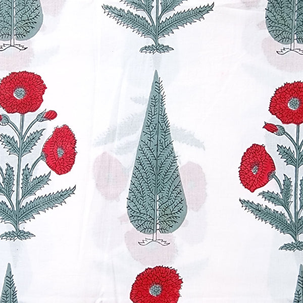 Pure Cotton Jaipuri White And Red Big Flower Motif Hand Block Print Fabric