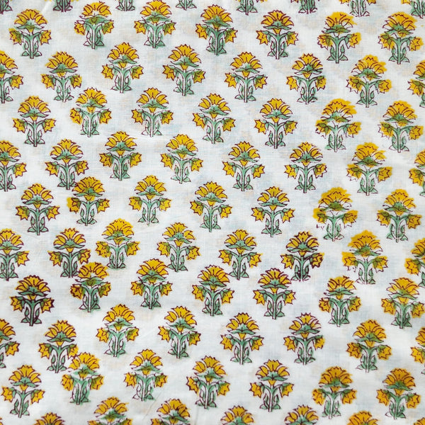 Pure Cotton Jaipuri White And Yellow Flower Buds Motif Hand Block Print Fabric