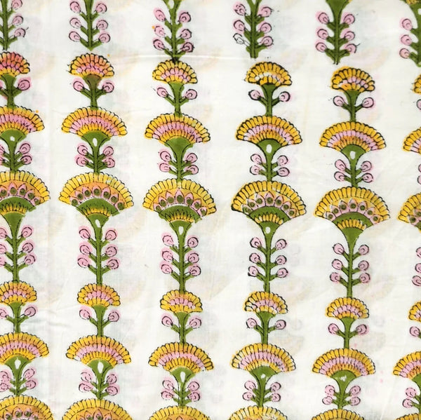 ( PRE-CUT 2.20 METER ) Pure Cotton Jaipuri White And Yellow Flower Creeper Hand Block Print Fabric