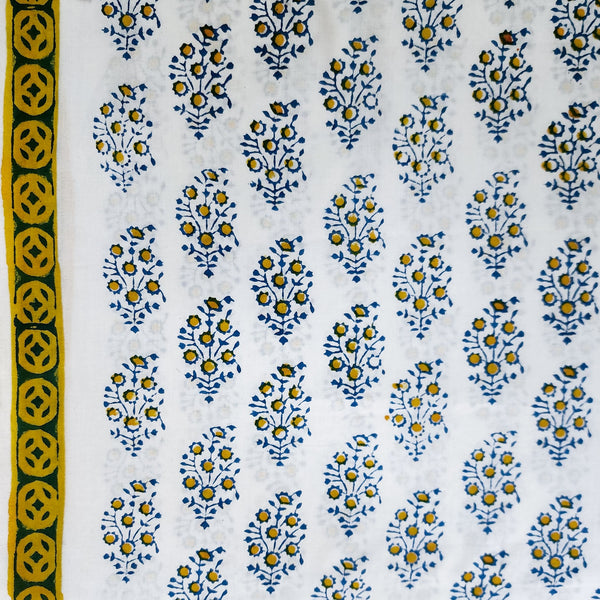 ( Lenght 1.70 Meter ) Pure Cotton Jaipuri White And Yellow With Blue Flower Motifs Hand Block Print Fabric