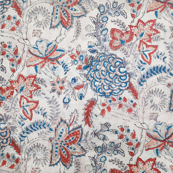 ( Pre-Cut 1.75 Meter ) Pure Cotton Jaipuri White With Blue And Light Orange Floral Jaal Hand Block Print Fabric