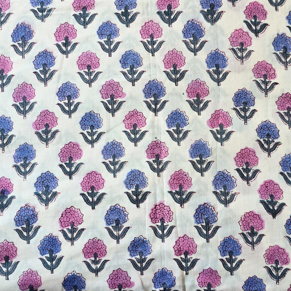 Pure Cotton Jaipuri White With Blue And Pink Flower Motif Hand Block Print Fabric