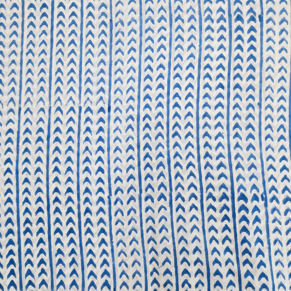 ( Pre-Cut 2.15 Meter ) Pure Cotton Jaipuri White With Blue Arrow Border Hand Block Print Fabric