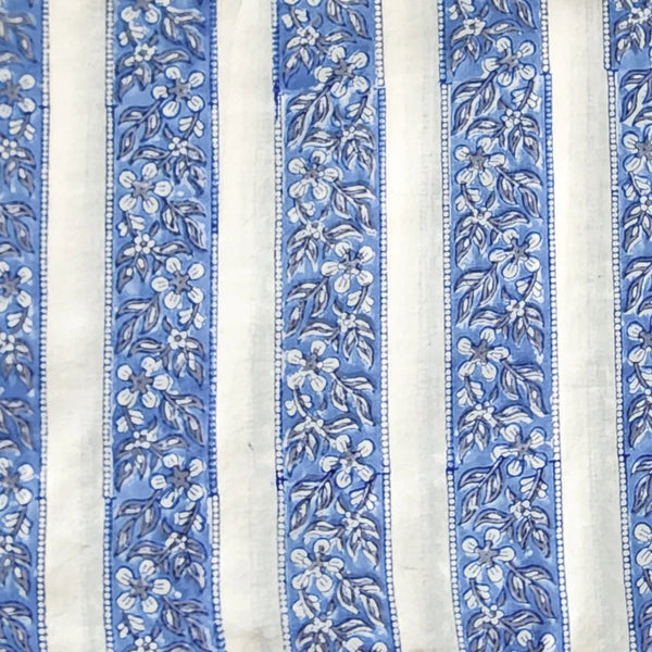 ( PRE-CUT 1.75 METER ) Pure Cotton Jaipuri White With Blue Border Motif Hand Block Print Fabric