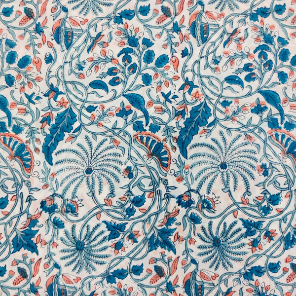 Pure Cotton Jaipuri White With Blue Flower Jaal Hand Block Print Fabric