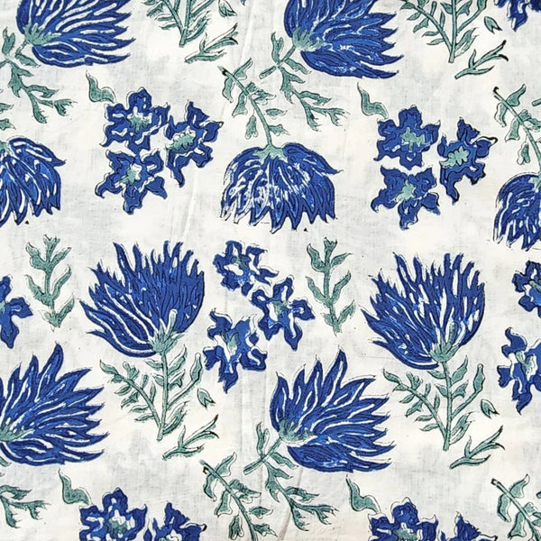 (PRE- CUT 0.80 METER) Pure Cotton Jaipuri White With Blue Flower Jaal Hand Block Print Fabric