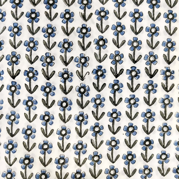 ( Pre-Cut 1.85 Meter ) Pure Cotton Jaipuri White With Blue Flower Motif Hand Block Print Fabric