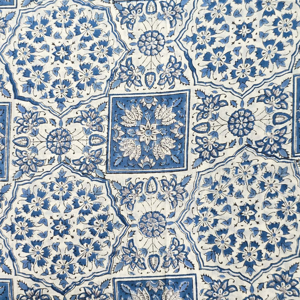 Per Cut (1.75 Meter) Pure Cotton Jaipuri White With Blue Intricate Design Hand Block Print Fabric