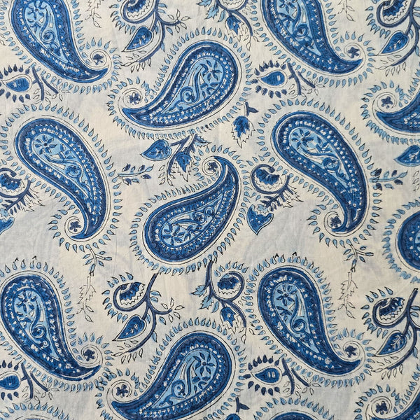 Pure Cotton Jaipuri White With Blue Kairi Jaal  Hand Block Print Fabric