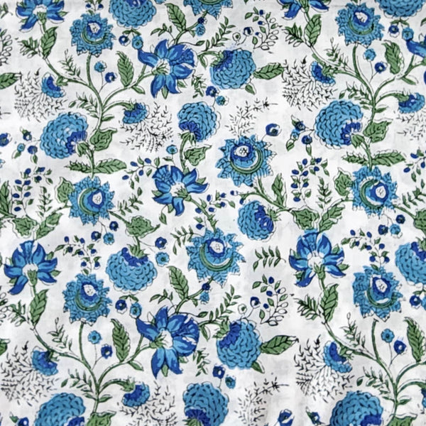 Pure Cotton Jaipuri White With Blue Lily Flower Jaal Hand Block Print Fabric