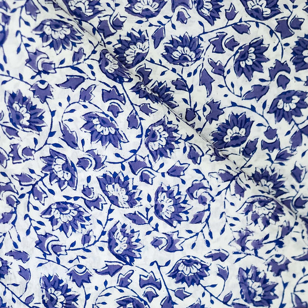 Pre Cut (0.80 Meter) Pure Cotton Jaipuri White With Blue Lotus Jaal Hand Block Print Fabric