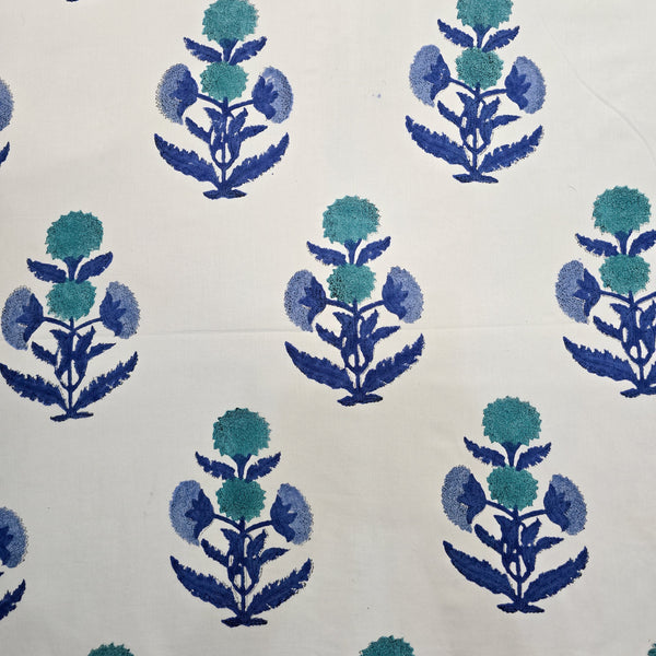 Pre Cut (1.80 Meter) Pure Cotton Jaipuri White With  Blue Marigold Big Motif Hand Block Print Fabric