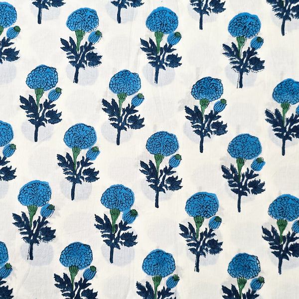 ( Pre-Cut 1.48 Meter ) Pure Cotton Jaipuri White With Blue Marigold Flower Motif Hand Block Print Fabric