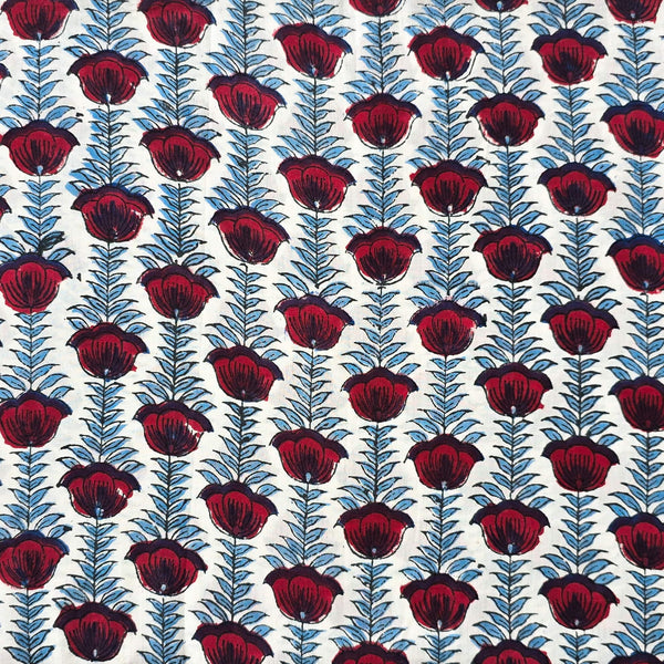 Pure Cotton Jaipuri White With Blue Navy Blue And Red Rose Flower Creeper Hand Block Print Fabric