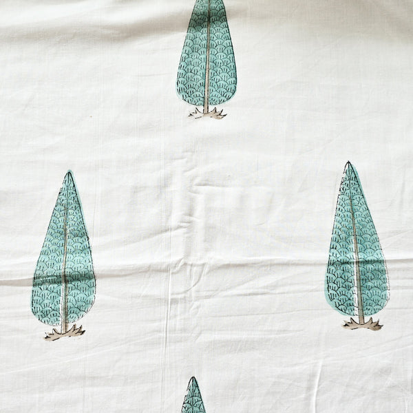 Pure Cotton Jaipuri White With Blue Pine Tree Hand Block Print Fabric