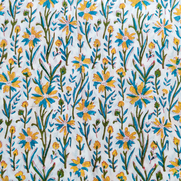 Pre Cut (0.85 Meter) Pure Cotton Jaipuri White With Blue Yellow Grass Hand Block Print Fabric